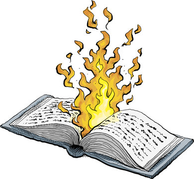 A cartoon of an open book that is so hot that it is on fire.