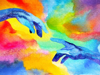 hände gottes verbinden sich mit einer anderen welt illustrationsdesign aquarellmalerei handgezeichnet © Benjavisa Ruangvaree