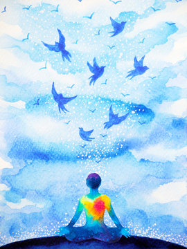 meditation human, flying birds in blue sky abstract mind illustration watercolor painting design hand drawn