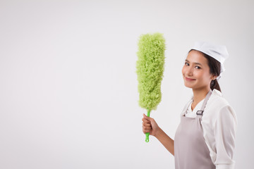 happy smiling confident professional asian woman domestic worker, girl housework homework helper, woman housekeeper, housewife, cleaner, maid, girl cleaning service staff hand holding duster