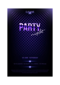 Night party flyer template. Violet metal words and spotligts on dark background.