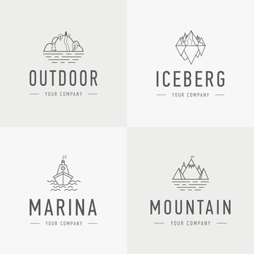 Set of mountain and outdoor adventures logo. Tourism, hiking and camping labels. Mountains and travel icons for tourism organizations, outdoor events and camping leisure. Iceberg, shep.