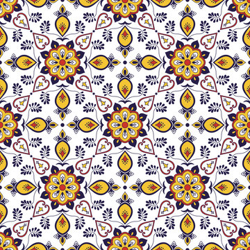 Spanish tile pattern seamless vector with flower ornaments. Portuguese azulejo, mexican talavera, italian majolica, moroccan motifs. Tiled texture for kitchen tablecloth or bathroom flooring ceramic.