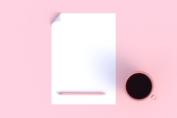 Coffee cup with blank paper on pink background, Top view with copyspace for your text, 3D rendering