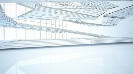 Abstract drawing white parametric interior  with window. Polygon colored drawing. 3D illustration and rendering.