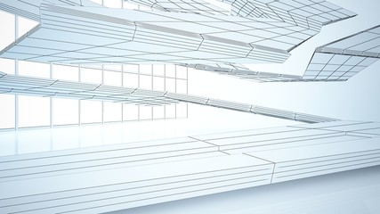 Abstract drawing white parametric interior  with window. Polygon colored drawing. 3D illustration and rendering.