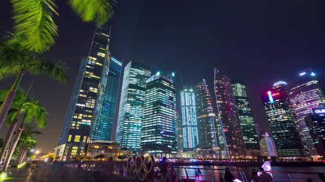 night illuminated singapore marina bay downtown panorama 4k timelapse
