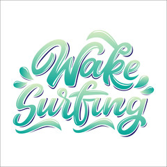 Fototapeta na wymiar Wake surfing lettering logo in graffiti style isolated on white background. Vector illustration for design t-shirts, banners, labels, clothes, apparel, water extreme sports competition.