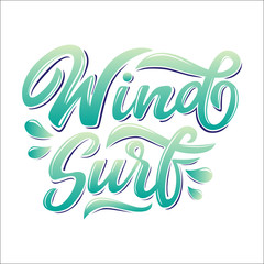 Wind surfing lettering logo in graffiti style isolated on white background. Vector illustration for design t-shirts, banners, labels, clothes, apparel, water extreme sports competition.