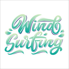 Wind surfing lettering logo in graffiti style isolated on white background. Vector illustration for design t-shirts, banners, labels, clothes, apparel, water extreme sports competition.