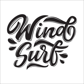 Wind surfing lettering logo in graffiti style isolated on white background. Vector illustration for design t-shirts, banners, labels, clothes, apparel, water extreme sports competition.