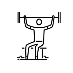 Thin line icon. Man with barbell doing weghtliftind.