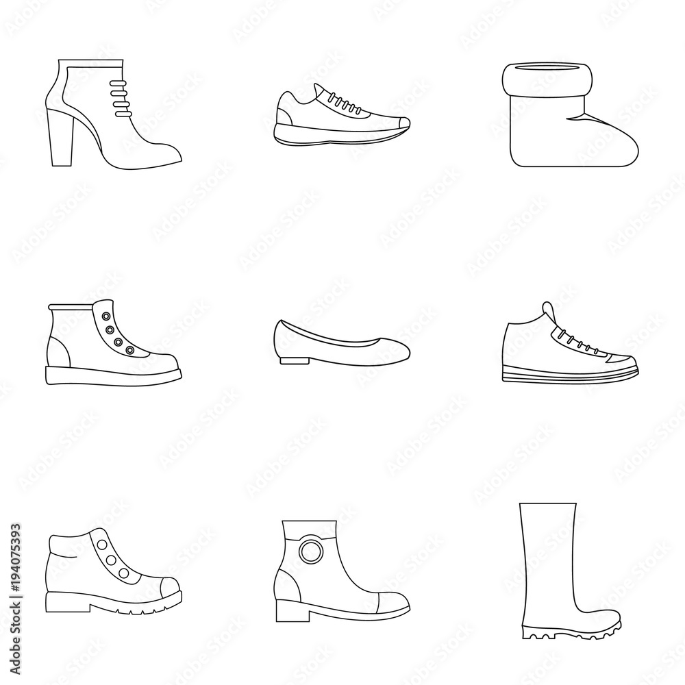 Sticker Shoe collection icons set. Outline set of 9 shoe collection vector icons for web isolated on white background