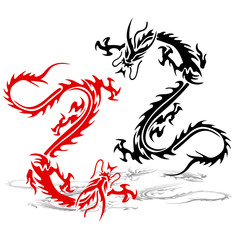 Two silhouette of a dragon (red and black) in a fight.Tattoo on a white background,