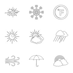 Weather observations icons set. Outline set of 9 weather observations vector icons for web isolated on white background