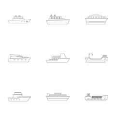 Powerboat icons set. Outline set of 9 powerboat vector icons for web isolated on white background