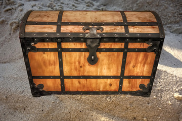 Wooden trunk  bounded by iron on the sea sand