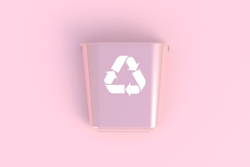 Front view of pink recycling bin on a pink background, 3D rendering