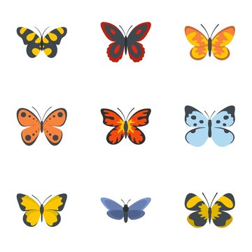 Night butterfly icons set. flat set of 9 night butterfly vector icons for web isolated on white background