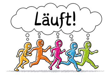 Farbige Strichmännchen beim Laufen mit Sprechblase „Läuft!“ / Schraffierte Vektor-Zeichnung