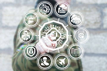 Soldier pressing circuit board head ai button on a virtual interface. Smart Military Technology....