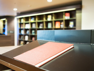 Book stand for showing thesis. Shelf book banground.