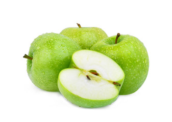 whole and half green apple or granny smith apple with drop of water isloated on white background
