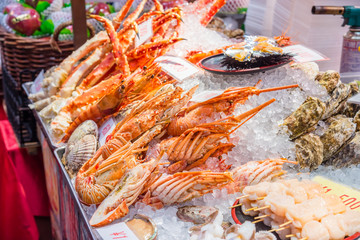 Fresh seafood shop at Kuromon market in Osaka ,Japan.