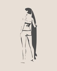 Woman posing with surfboard. Monochrome silhouette. Vintage surfing graphic and emblem for web design or print. Back view