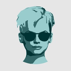 Portrait of beautiful woman in black sunglasses. Short hair. Front view