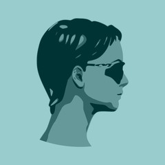 Portrait of beautiful woman in black sunglasses. Short hair. Side view