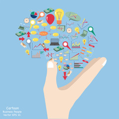 Concept of Business cartoon hand holding creative brain idea with cartoon business, technology and strategy planning icon Idea, Vector Illustration EPS 10.