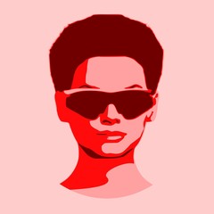 Portrait of beautiful woman in black sunglasses. Short hair. Front view