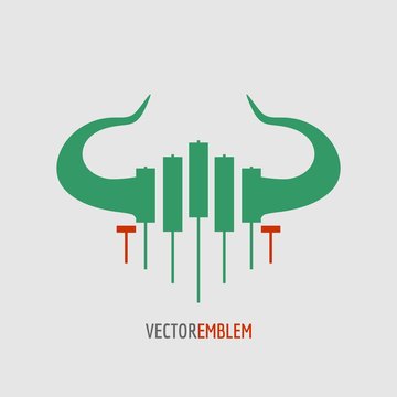 Logo Candlestick Trading Chart Analyzing In Forex Stock Market. Exchange Broker Emblem. Bull Horns And Candles