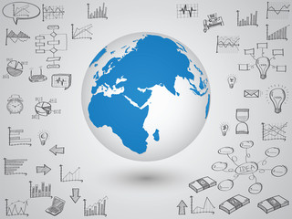 Globe and Doodle ChartWorld Map Globe with Web icons, Business icons and Technology icons for technology and business concept, Vector Illustration EPS 10.