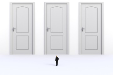 Fototapeta premium Success concept with businessman, Image of miniature businessman standing in front of white door on white wall background, 3D rendering