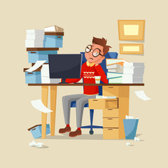 Office manager work routine vector illustration. Tired frustrated man in glasses sitting on chair at office table full of documents working in computer and drinking coffee and leaning head on hand