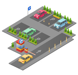 Parking lot isometric 3D vector illustration for construction design. Isolated section outdoor parking and checkpoint control barrier with parkomat and direction arrows marking © vectorpouch