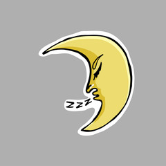 Hand drawn vector illustration. Crescent moon. Sticker. Cartoon patch badges.