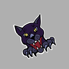 Hand drawn vector illustration. Evil black cat. Sticker. Cartoon patch badges.