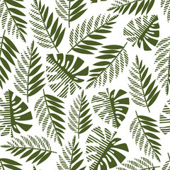 Seamless pattern of tropical leaves, vector illustration leafs of areca palm, philodendron, monstera, fern