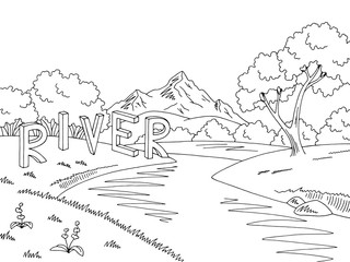 Mountain river graphic black white landscape sketch illustration vector