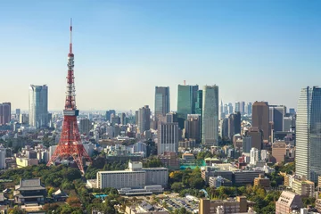 Foto op Plexiglas Tokyo luchtfoto skyline van de stad met Tokyo Tower, Tokyo, Japan © Noppasinw