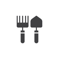 Spade and rake vector icon. filled flat sign for mobile concept and web design. Gardening tools simple solid icon. Symbol, logo illustration. Pixel perfect vector graphics