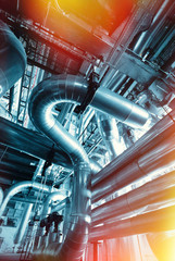 Industrial zone, Steel pipelines and cables in blue tones