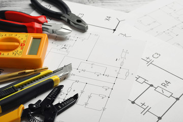 Different electrical tools on circuit diagram