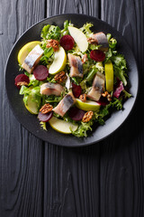 Smoked mackerel with apples, walnuts, beets and various lettuce close-up on a plate. Vertical top view
