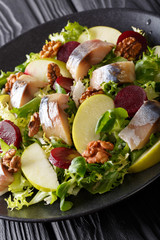 Delicious salad of smoked mackerel, apple, walnut, beetroot and lettuce close-up on plate. vertical