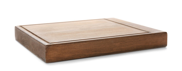 Wooden board on white background. Handcrafted cooking utensils