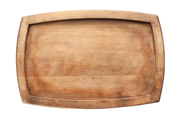 Wooden board on white background. Handcrafted cooking utensils